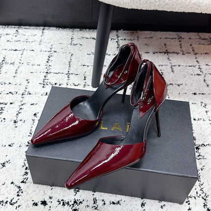 ALAIA 26S POINTED-TOE HEELS 90 MM IN DARK RED PATENT CALFSKIN