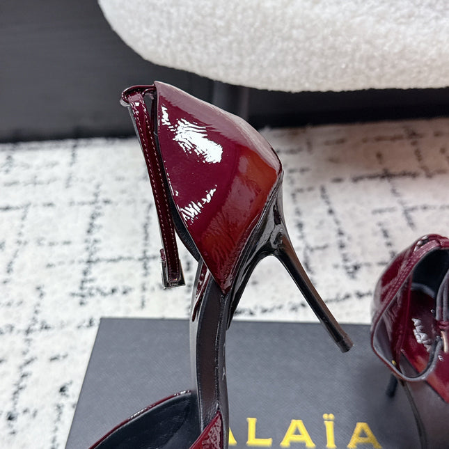ALAIA 26S POINTED-TOE HEELS 90 MM IN DARK RED PATENT CALFSKIN