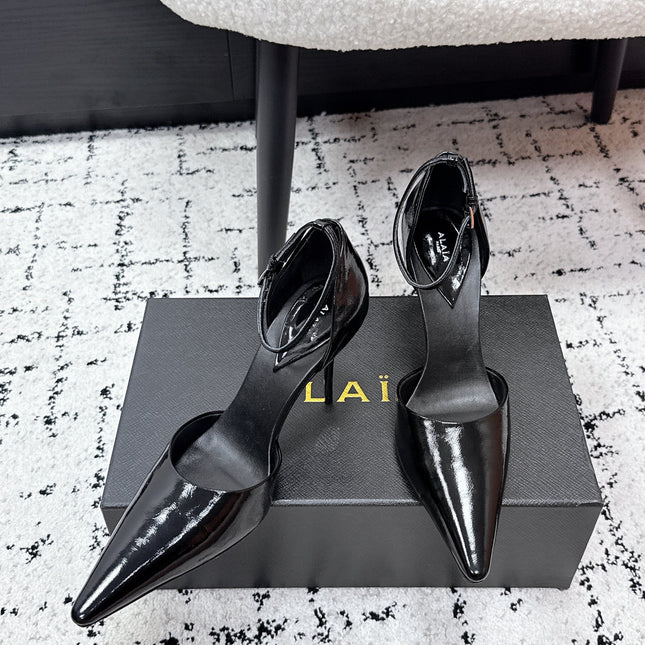 ALAIA 26S POINTED-TOE HEELS 90 MM IN BLACK PATENT CALFSKIN