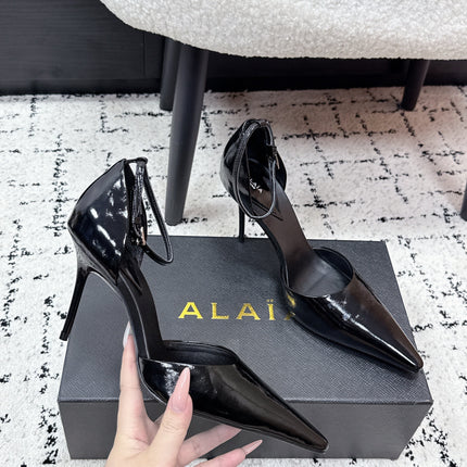 ALAIA 26S POINTED-TOE HEELS 90 MM IN BLACK PATENT CALFSKIN