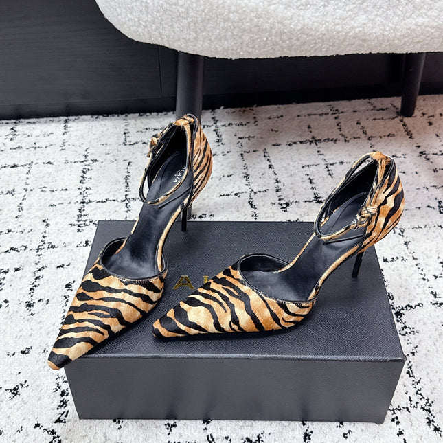 ALAIA 26S POINTED-TOE HEELS 90 MM IN TIGER PRINT PONY HAIR