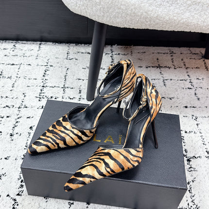 ALAIA 26S POINTED-TOE HEELS 90 MM IN TIGER PRINT PONY HAIR