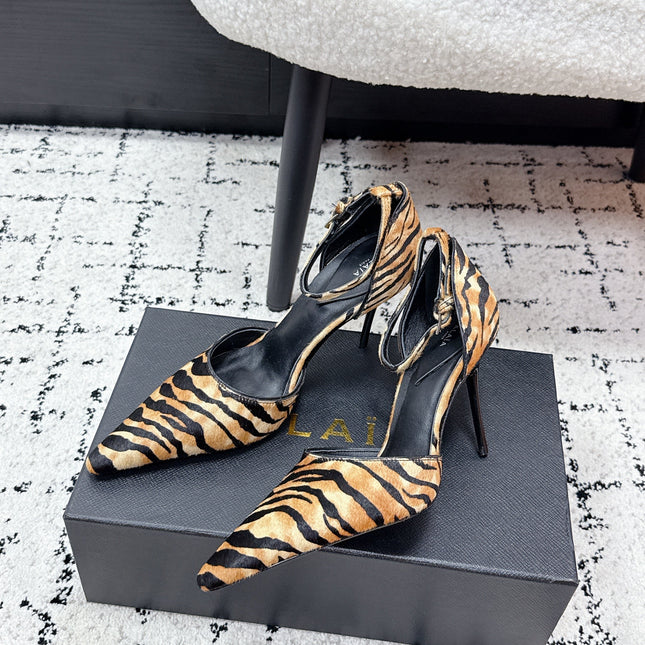 ALAIA 26S POINTED-TOE HEELS 90 MM IN TIGER PRINT PONY HAIR