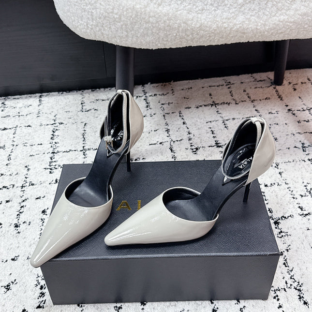 ALAIA 26S POINTED-TOE HEELS 90 MM IN LIGHT GREY PATENT CALFSKIN