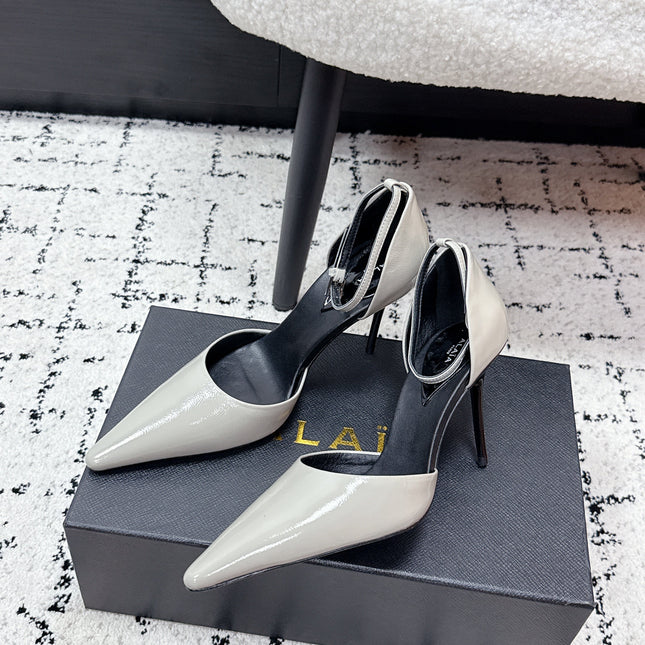 ALAIA 26S POINTED-TOE HEELS 90 MM IN LIGHT GREY PATENT CALFSKIN