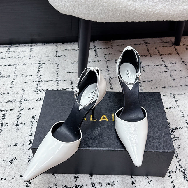 ALAIA 26S POINTED-TOE HEELS 90 MM IN WHITE PATENT CALFSKIN