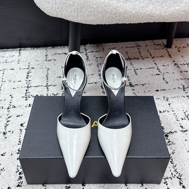 ALAIA 26S POINTED-TOE HEELS 90 MM IN WHITE PATENT CALFSKIN