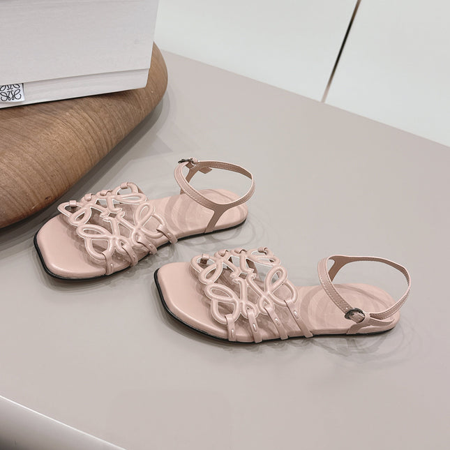 LOEWE 26S SQUARE TOE SANDALS IN PINK CALFSKIN LOGO