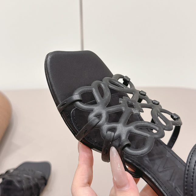 LOEWE 26S SQUARE TOE HEEL SANDALS 50MM IN BLACK CALFSKIN LOGO