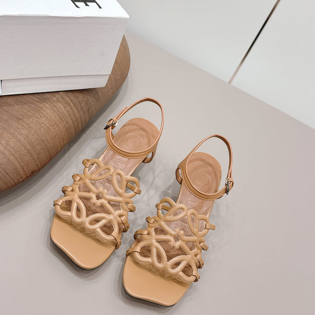 LOEWE 26S SQUARE TOE HEEL SANDALS 50MM IN LIGHT BROWN CALFSKIN LOGO