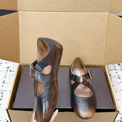 ALAIA 26S CROSS-STRAP BALLET FLATS IN MOTTLED DARK BROWN LAMBSKIN
