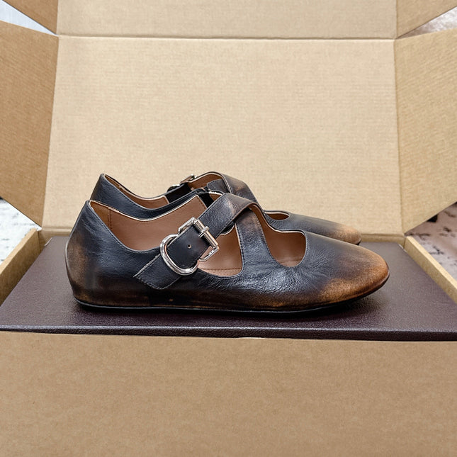 ALAIA 26S CROSS-STRAP BALLET FLATS IN MOTTLED DARK BROWN LAMBSKIN