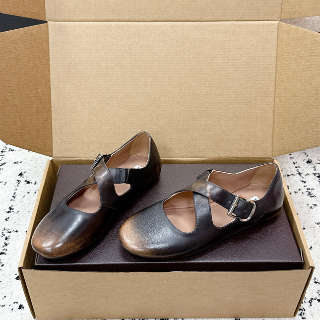 ALAIA 26S CROSS-STRAP BALLET FLATS IN MOTTLED DARK BROWN LAMBSKIN