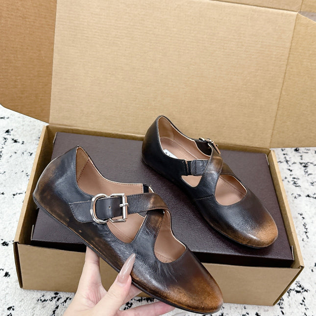 ALAIA 26S CROSS-STRAP BALLET FLATS IN MOTTLED DARK BROWN LAMBSKIN