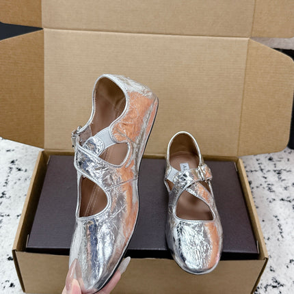 ALAIA 26S CROSS-STRAP BALLET FLATS IN SILVER LAMBSKIN