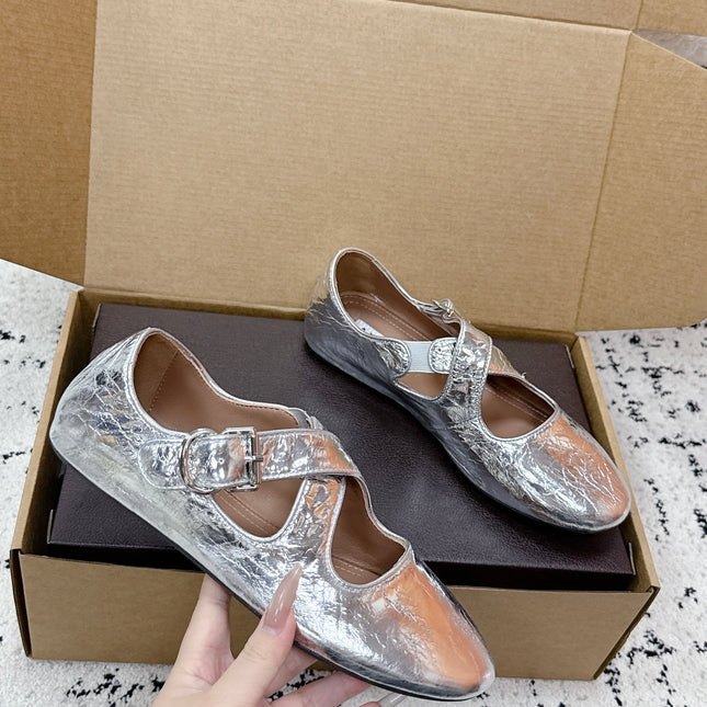 ALAIA 26S CROSS-STRAP BALLET FLATS IN SILVER LAMBSKIN