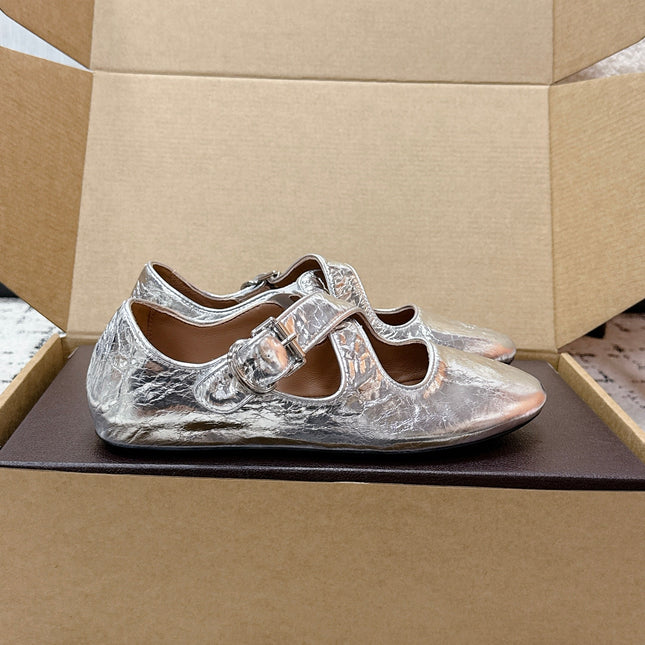 ALAIA 26S CROSS-STRAP BALLET FLATS IN SILVER LAMBSKIN