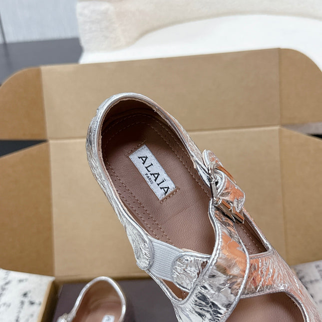 ALAIA 26S CROSS-STRAP BALLET FLATS IN SILVER LAMBSKIN