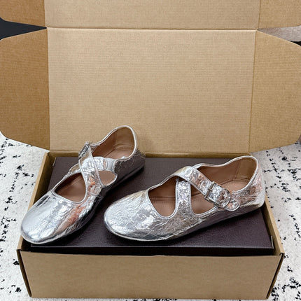 ALAIA 26S CROSS-STRAP BALLET FLATS IN SILVER LAMBSKIN
