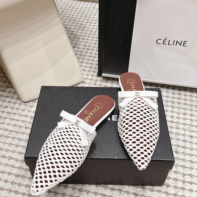 CHANEL 26S POINTED-TOE MULES IN WHITE MESH