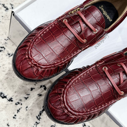 YSL 26S LOAFERS IN DARK RED CALFSKIN WITH CROCODILE EMBOSSING