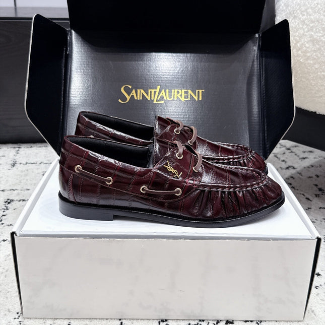 YSL 26S LOAFERS IN DARK RED GLOSSY CALFSKIN WITH CROCODILE EMBOSSING