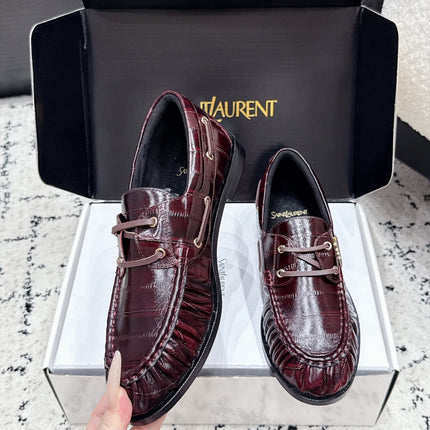 YSL 26S LOAFERS IN DARK RED GLOSSY CALFSKIN WITH CROCODILE EMBOSSING