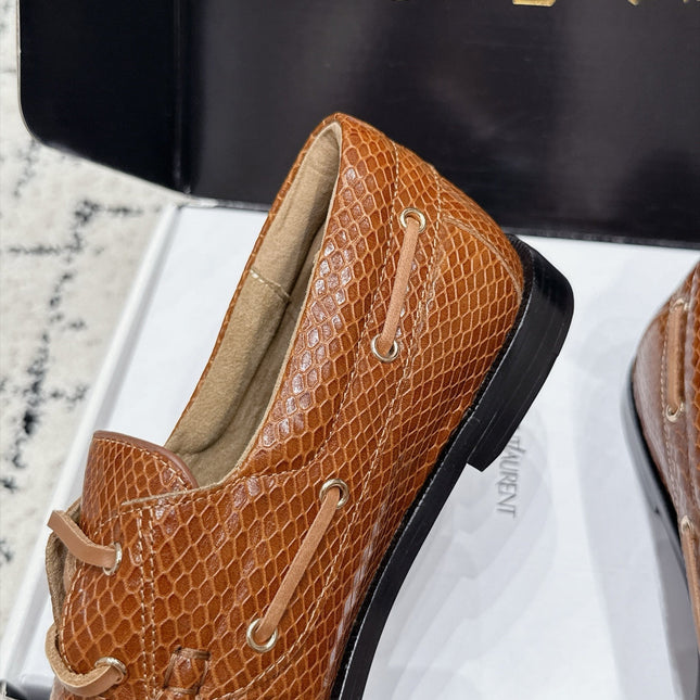 YSL 26S LOAFERS IN CAMEL BROWN CALFSKIN WITH SNAKESKIN EMBOSSING