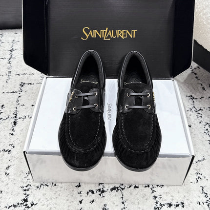 YSL 26S LOAFERS IN BLACK SUEDE & CALFSKIN WITH HORIZONTAL STRAP