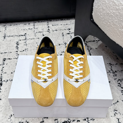 CELINE 26S LOW TOP SNEAKERS IN YELLOW SUEDE AND WHITE LEATHER TRIM