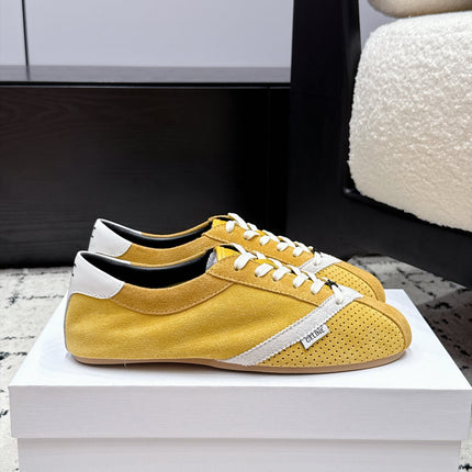 CELINE 26S LOW TOP SNEAKERS IN YELLOW SUEDE AND WHITE LEATHER TRIM