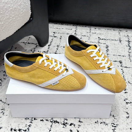 CELINE 26S LOW TOP SNEAKERS IN YELLOW SUEDE AND WHITE LEATHER TRIM