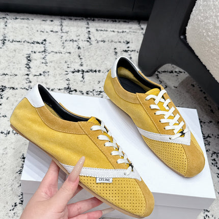 CELINE 26S LOW TOP SNEAKERS IN YELLOW SUEDE AND WHITE LEATHER TRIM