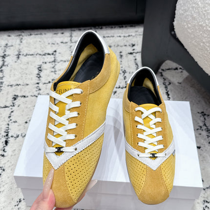 CELINE 26S LOW TOP SNEAKERS IN YELLOW SUEDE AND WHITE LEATHER TRIM