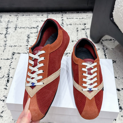 CELINE 26S LOW TOP SNEAKERS IN RED SUEDE AND WHITE LEATHER TRIM