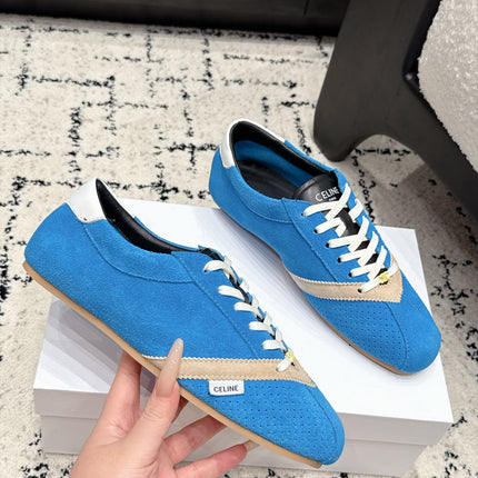 CELINE 26S LOW TOP SNEAKERS IN BLUE SUEDE AND WHITE LEATHER TRIM