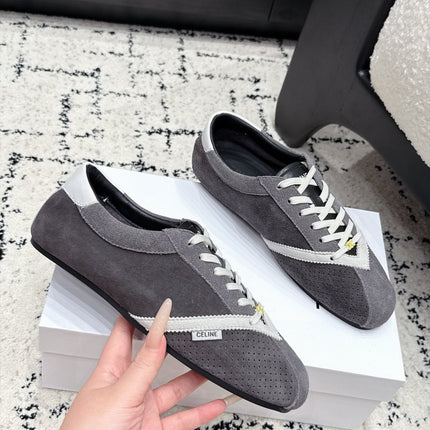 CELINE 26S LOW TOP SNEAKERS IN GREY SUEDE AND WHITE LEATHER TRIM