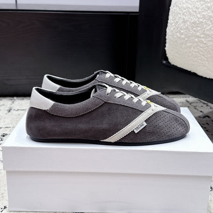 CELINE 26S LOW TOP SNEAKERS IN GREY SUEDE AND WHITE LEATHER TRIM