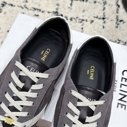CELINE 26S LOW TOP SNEAKERS IN GREY SUEDE AND WHITE LEATHER TRIM