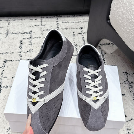 CELINE 26S LOW TOP SNEAKERS IN GREY SUEDE AND WHITE LEATHER TRIM