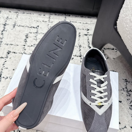 CELINE 26S LOW TOP SNEAKERS IN GREY SUEDE AND WHITE LEATHER TRIM
