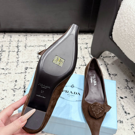PRADA 26S POINTED-TOE BALLET IN DARK BROWN SUEDE