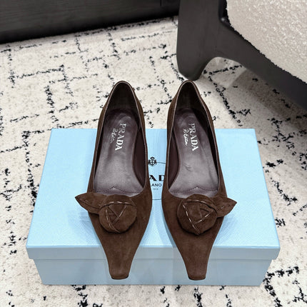 PRADA 26S POINTED-TOE BALLET IN DARK BROWN SUEDE