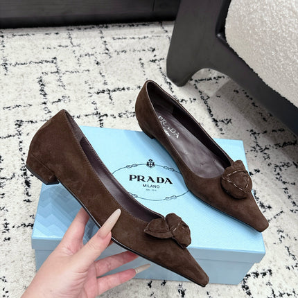 PRADA 26S POINTED-TOE BALLET IN DARK BROWN SUEDE
