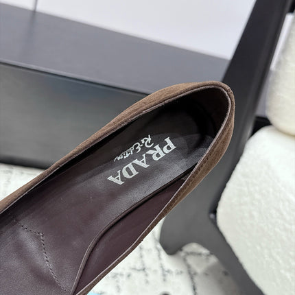 PRADA 26S POINTED-TOE BALLET IN DARK BROWN SUEDE