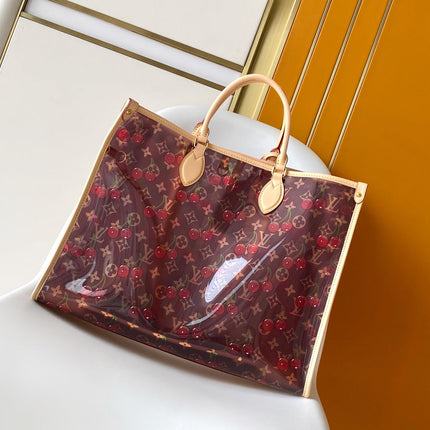 LV 26S ONTHEGO TOTE 41 IN CHERRY RED CLEAR PVC AND CALFSKIN