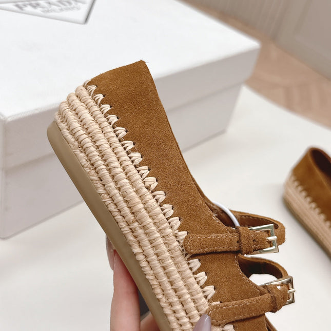 PRADA 26S MARY JANE ESPADRILLES SHOES IN CARAMEL BROWN SUEDE WITH LOGO