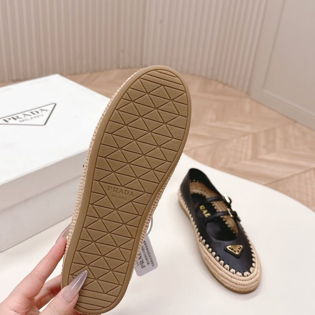 PRADA 26S MARY JANE ESPADRILLES SHOES IN BLACK CALFSKIN WITH LOGO