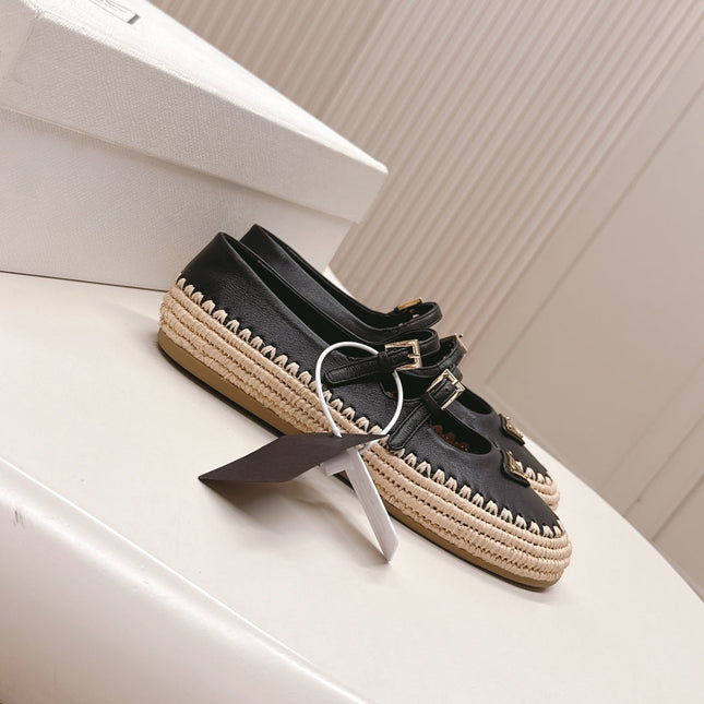 PRADA 26S MARY JANE ESPADRILLES SHOES IN BLACK CALFSKIN WITH LOGO