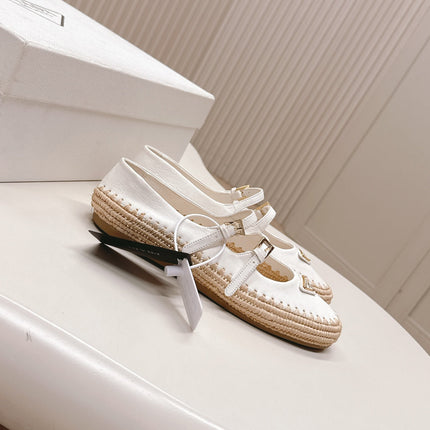 PRADA 26S MARY JANE ESPADRILLES SHOES IN WHITE CALFSKIN WITH LOGO